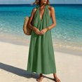thumbnail image 5 of Yeaiivve Summer Dresses for Women 2026 Boho Halter Maxi Dress Deep V Neck Backless Linen Dress Lightweight Flowy Long Dresses for Travel Cruise Outfits Army Green,XL, 5 of 8