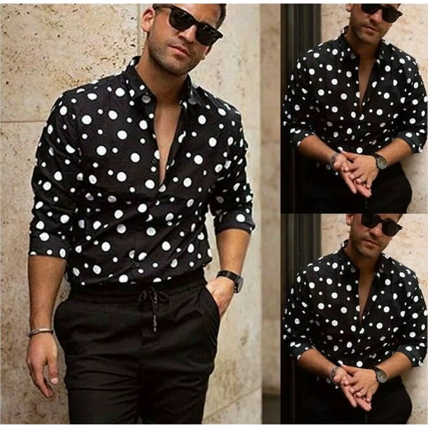 Pudcoco Men's Polka Dot Printed Long Sleeved V Neck Party Slim Fit Shirt Causal Tops 3xl Black