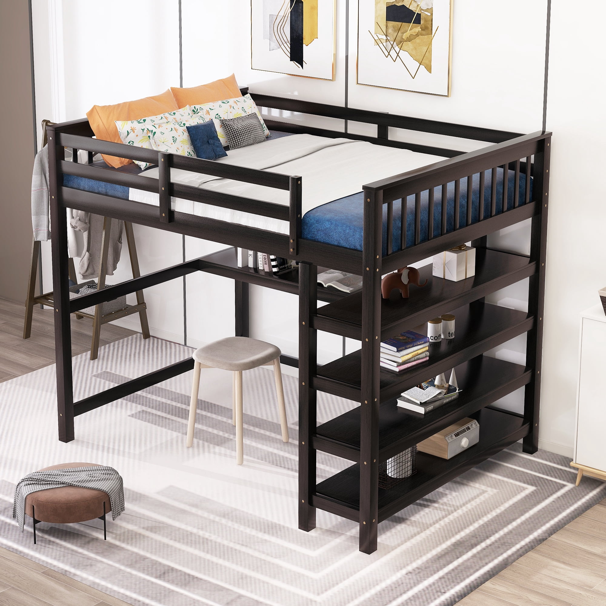 Euroco Solid Wood Full Size Loft Bed with Desk and 4-Tier Storage Shelves for Kids Teens Adult Bedrrom, Espresso
