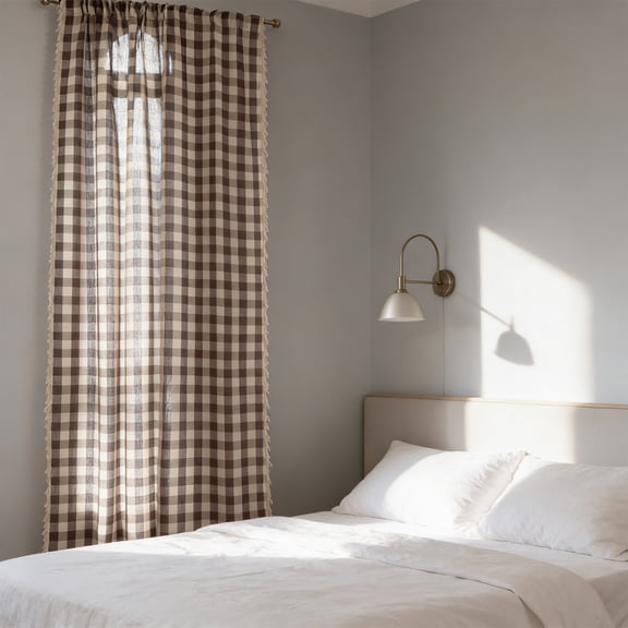 HCBY Farmhouse Gingham Plaid Sheer Curtain, Fringe Edge Rod Pocket Light Filter for Bedroom, Living Room