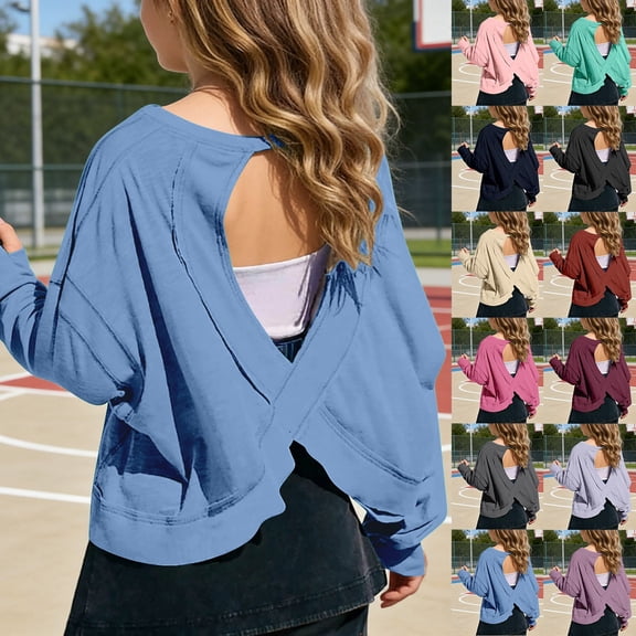Girls Clothes Size 14-16 Girls Basic Long Sleeve Tees Youth Girls Back Cutout Lace Detail Cropped Top, Loose Fit Casual Daily Blouse Girls School Uniform Clothes