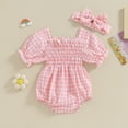 thumbnail image 2 of Bagilaanoe Newborn Baby Girl Rompers Plaid Short Sleeve Bodysuit + Headband 3M 6M 9M 12M 18M Infant Spring One Piece Jumpsuit, 2 of 7