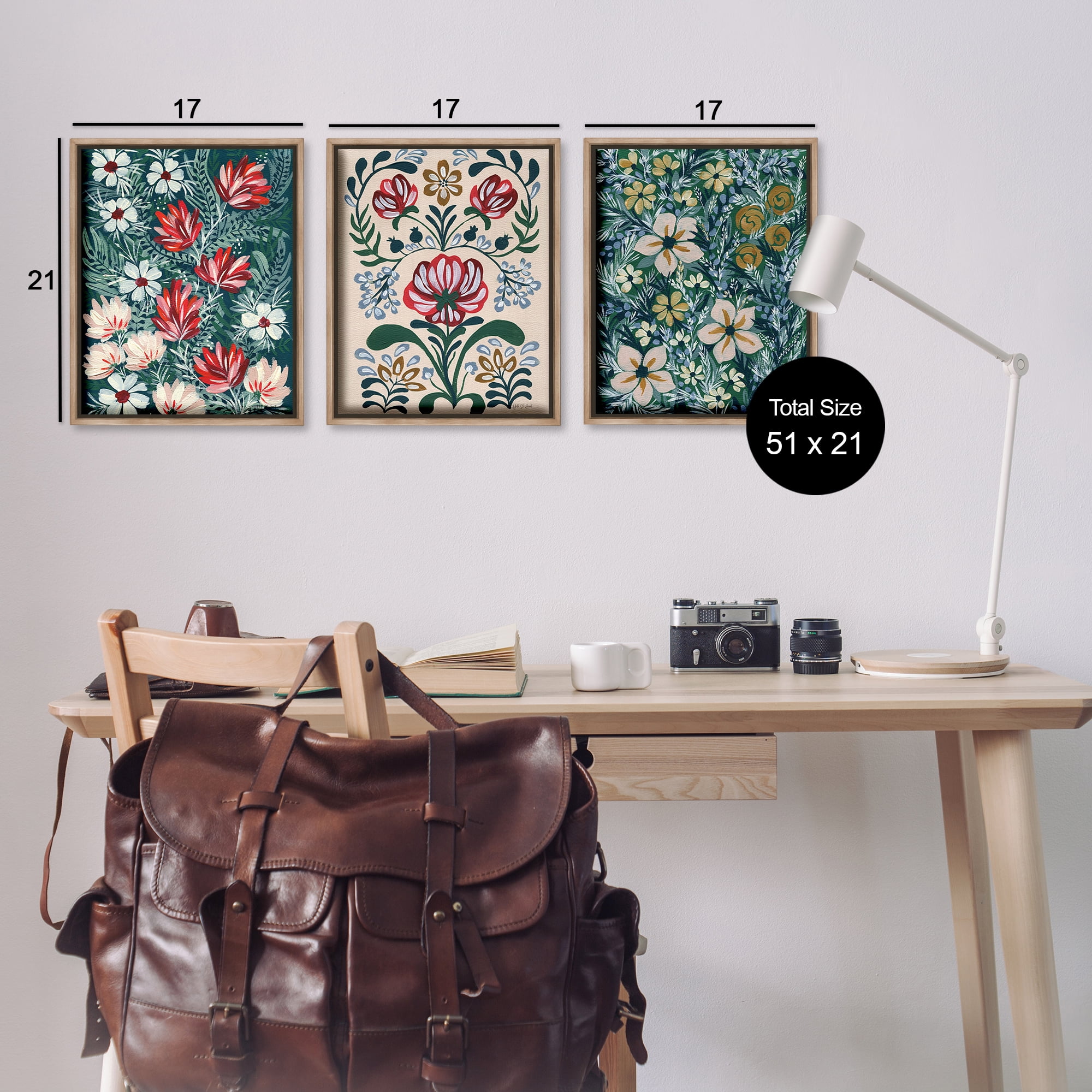 Stupell Industries Boho Folksy Florals Plants & Flowers Painting Brown Floater Framed Canvas Art Print Wall Art, 17 x 21, Set of 3