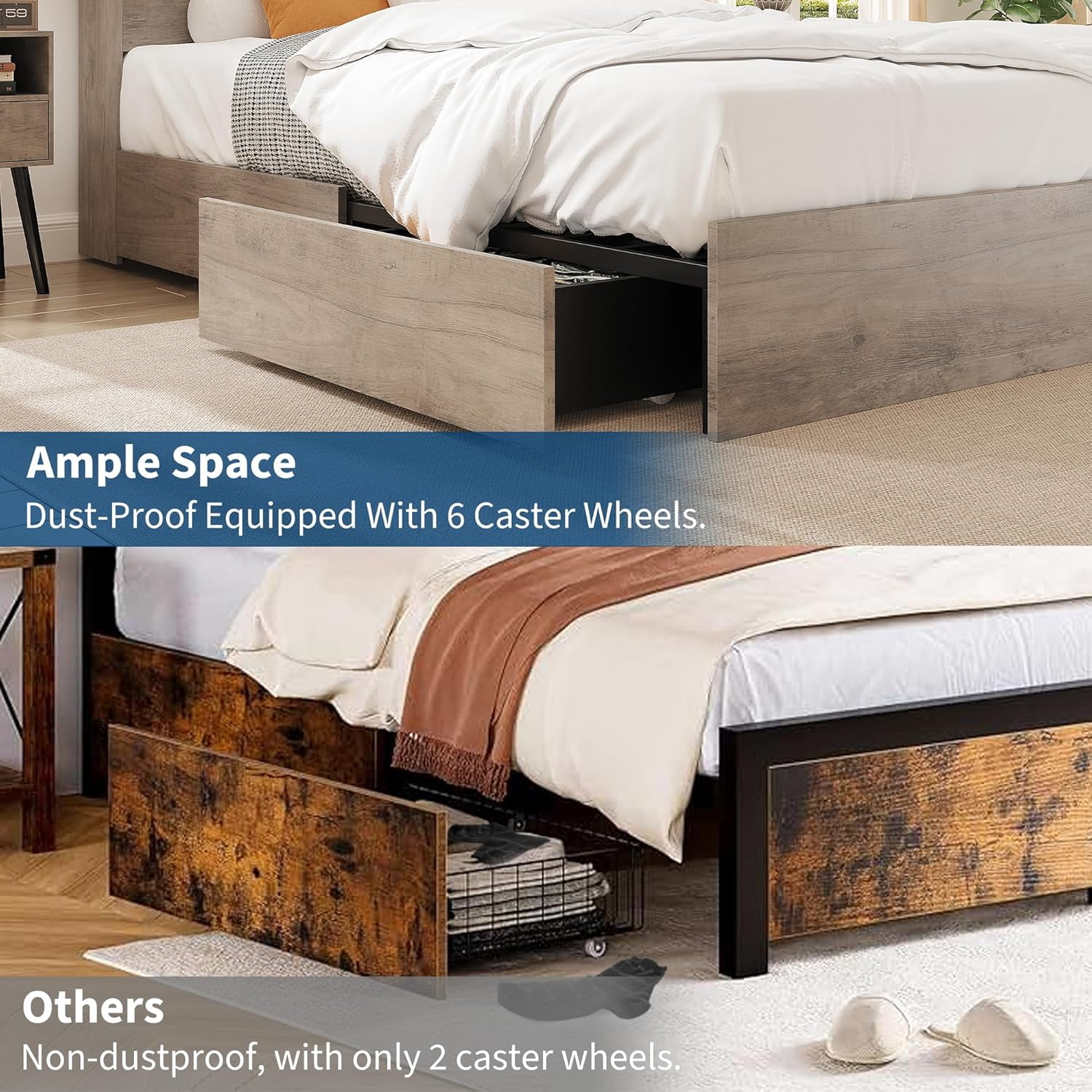 King Size Bed Frame with Storage Headboard, Metal Frame Platform Bed, Built-in Charging Station, No Box Spring Needed, Noise-Free