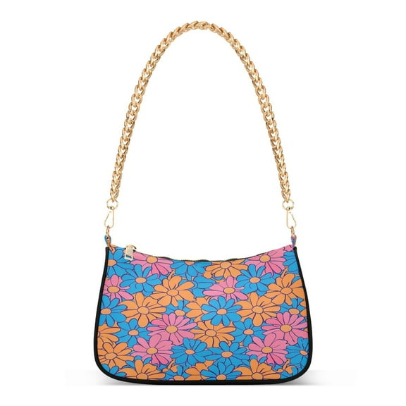 Ryvnso Blue and Orange Flowers Womens Chain Shoulder Bag Tote Handbags Clutch Hobo Purse with Zipper for Travel