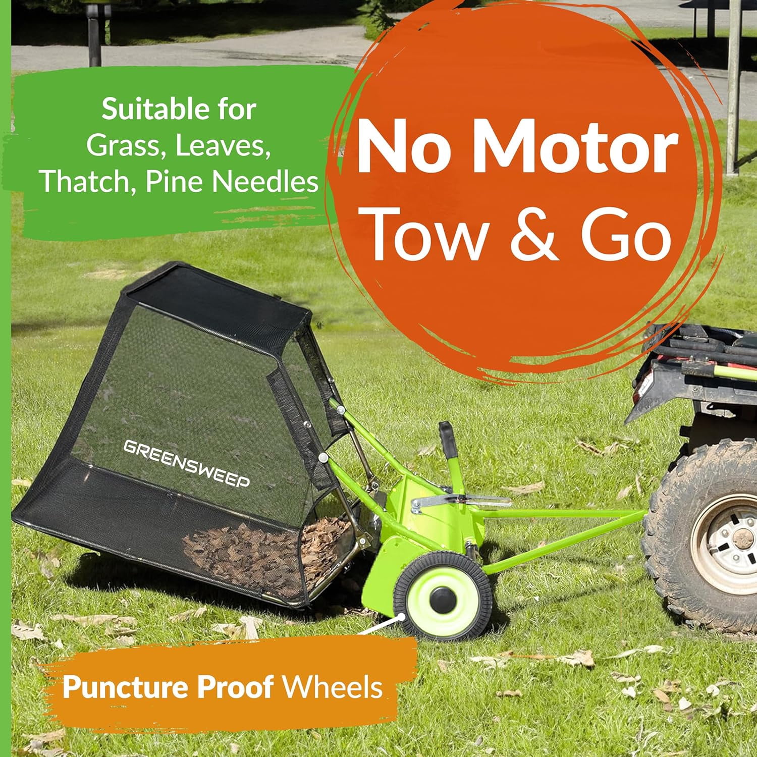 GreenSweep Pickup Tow 42-Inch 10.5 Cubic Feet Tow-Behind Lawn Sweeper with Adjustable Brush Height, Large Grass Catcher Hopper