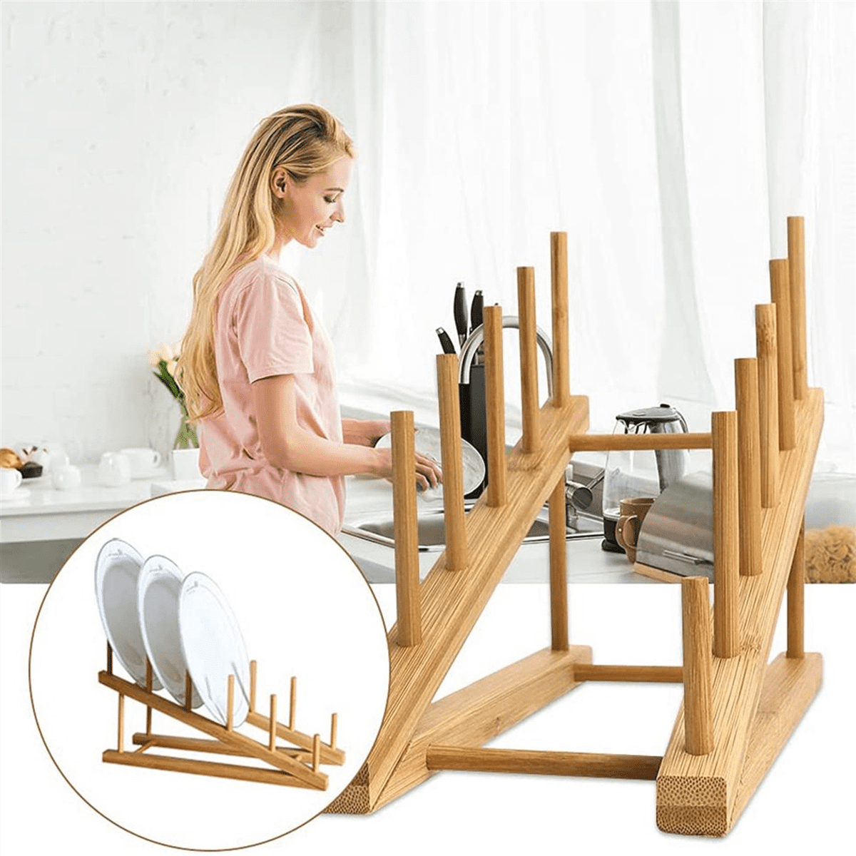 4 PCS Wooden Dish Rack Bamboo Plate Rack Stand Pot Lid Holder, Dish Drying Rack Kitchen Cabinet Organizer for Dish Plate,4 x Dish Rack,Wood color