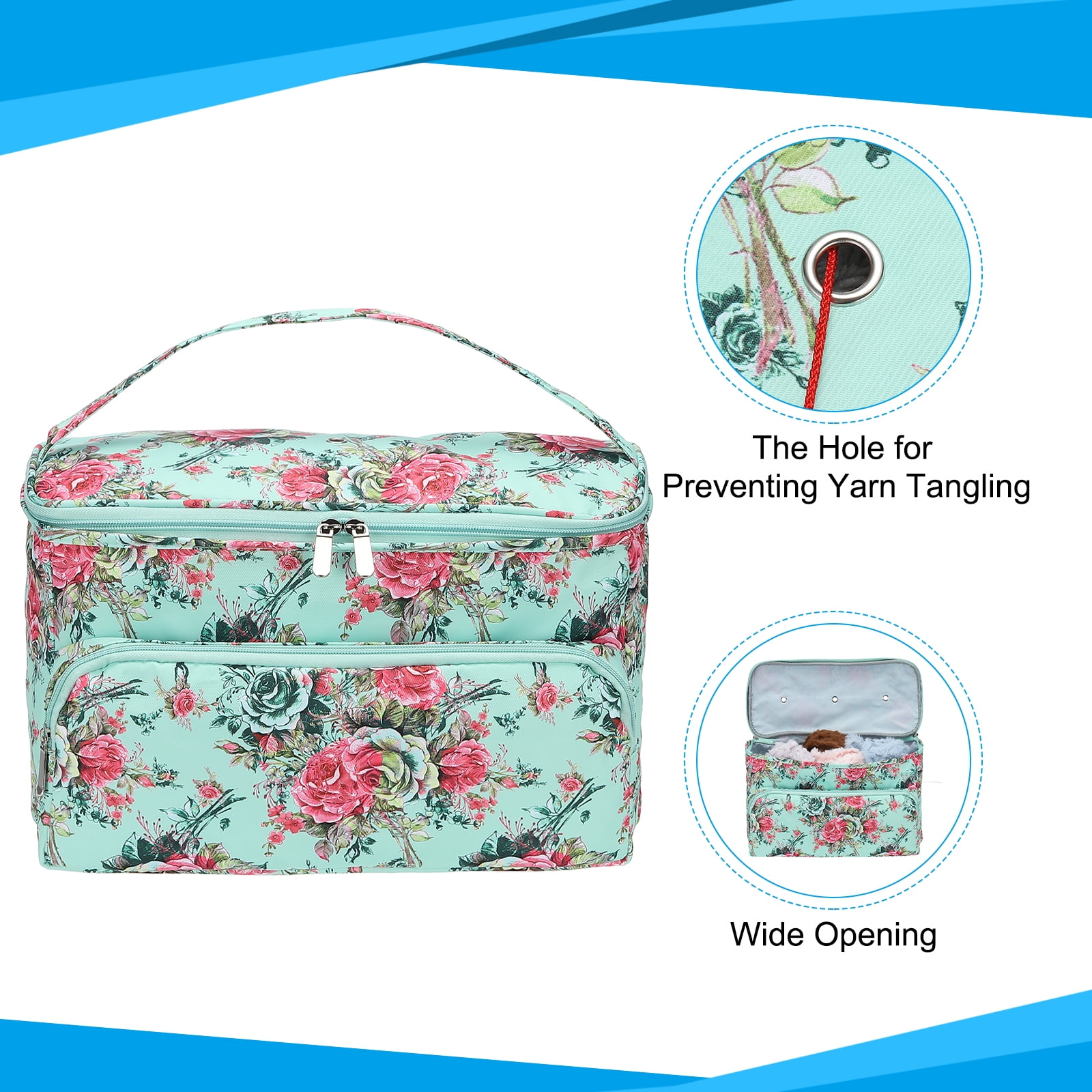 Uxcell Knitting Bag for Yarn Storage, Large Size Crochet Organizer Strap Case Holder with Pocket, Green
