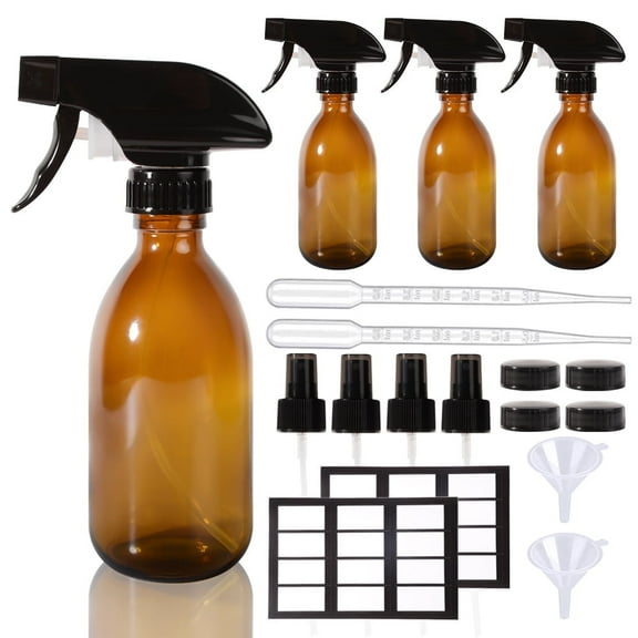 Lotusbtdt Amber Glass Spray Bottles 4 Pack, 250 mL Refillable Amber Spray Bottle with Sturdy Mist & Stream Sprayer