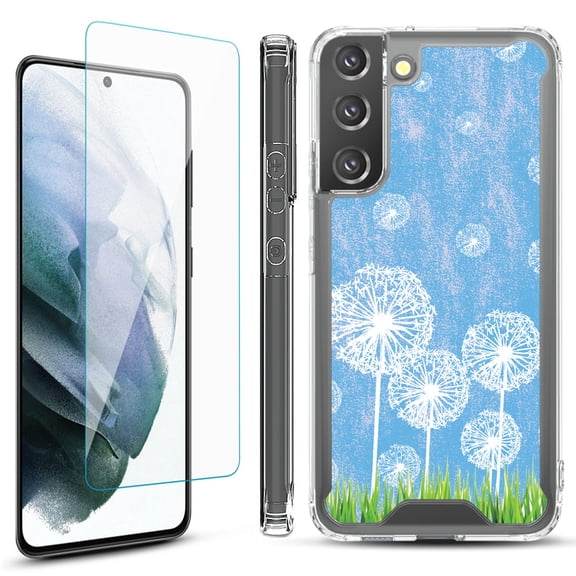Shockproof Bumper Phone Case for Samsung Galaxy S22 / S22 Plus 5G, with Tempered Glass Screen Protector, by OneToughShield ® - Dandelion Sky