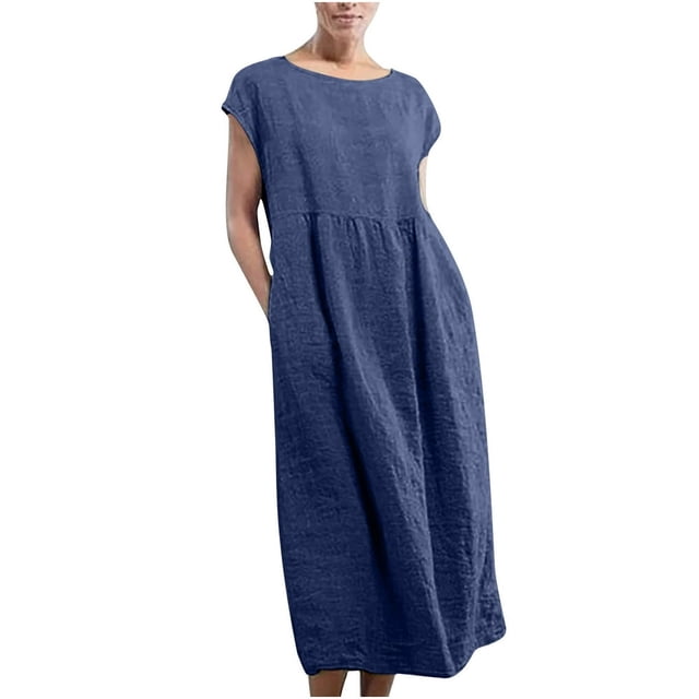 CHOK Robe pour Femme Grande Taille Décontractée à Manches Courtes, Col Rond, Coupe Ample, Robe d'Été Unie en Lin, Midi Ample et Confortable avec Poches