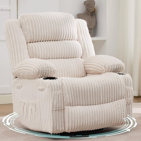 360° Swivel Rocker Recliner Chair for Adults, Oversized Manual Glider with Footrest, Cup Holders & Side Pocket, Jumbo Corduroy Upholstered Accent Chair - Corduroy Beige
