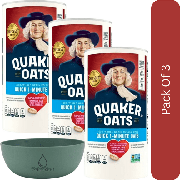 Quaker Whole Grain Oats – Quick 1-Minute Instant Oats, 18 oz-3pk, With Olive Green Bowl By ValueNest