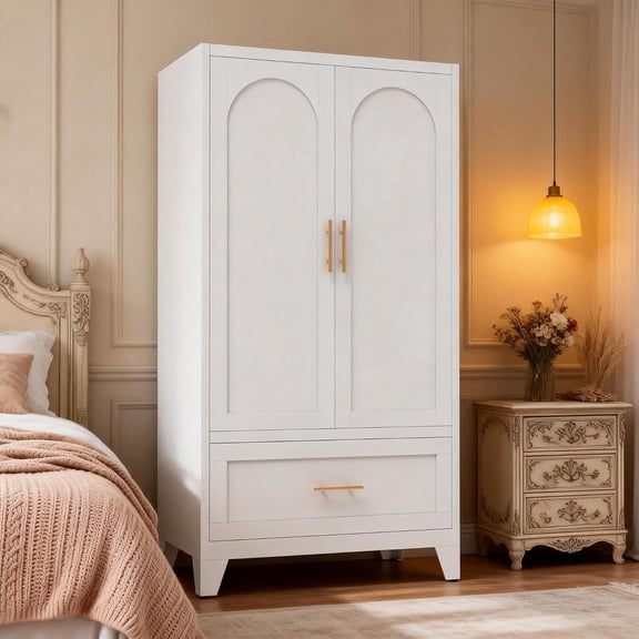 ShiKeyi 60" Tall Metal Wardrobe Cabinet with 1 Drawer and Hanging Rod, 2 Doors Wardrobe Closet with Shelf for Bedroom, Beige