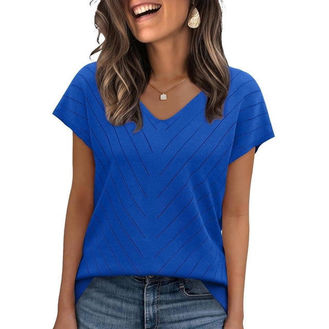 TaTaai Fashion Solid Color Women Top Knit Hollow Out Loose Fit Short Sleeve Soft Breathable Stretch Lightweight Daily Lounge Street Casual Wear T Shirt Gift