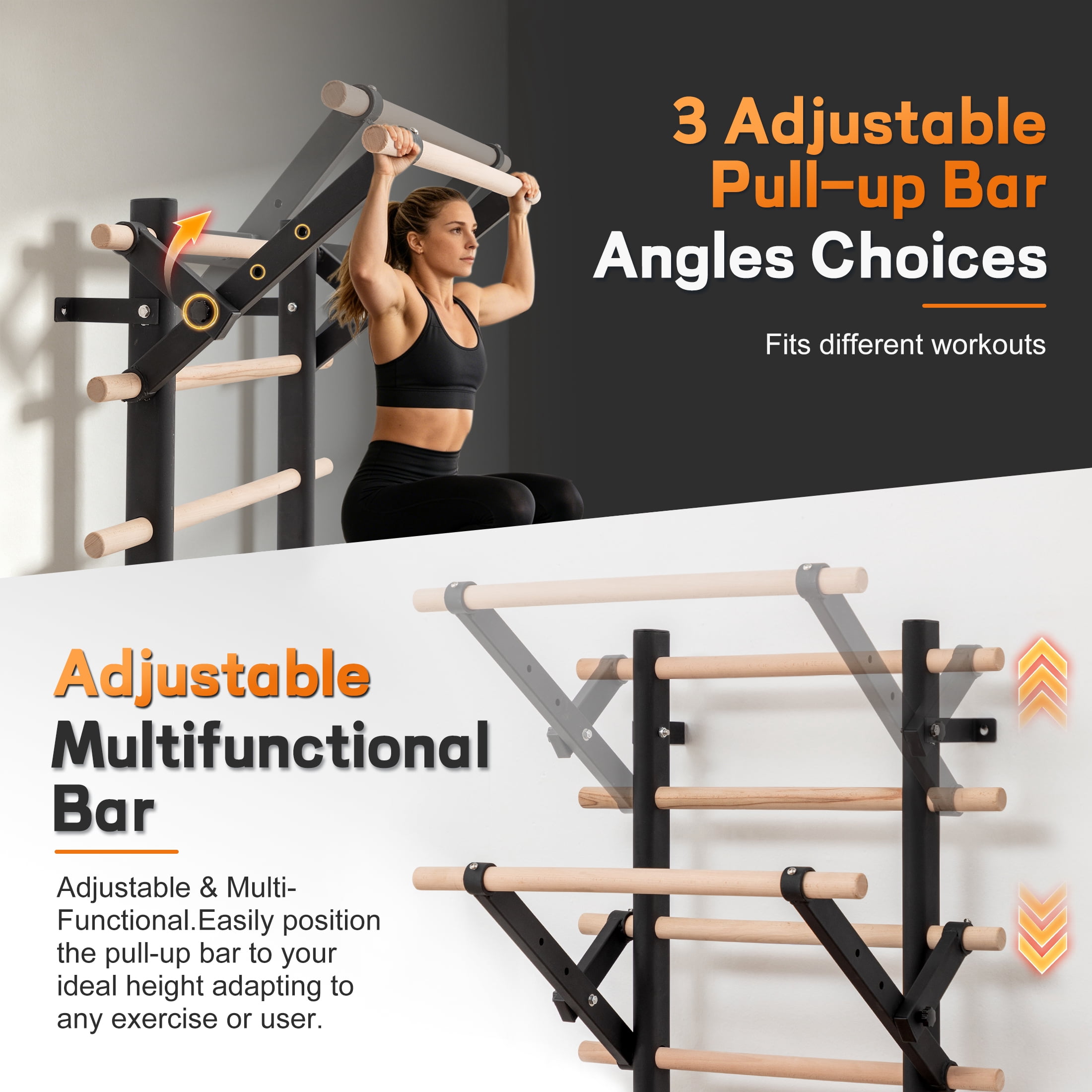 Wall Mount Swedish Ladder Home Gym Training Stall Bar with Adjustable Pull Up Dip Bars & Resistance Straps, Max 286lbs Capacity