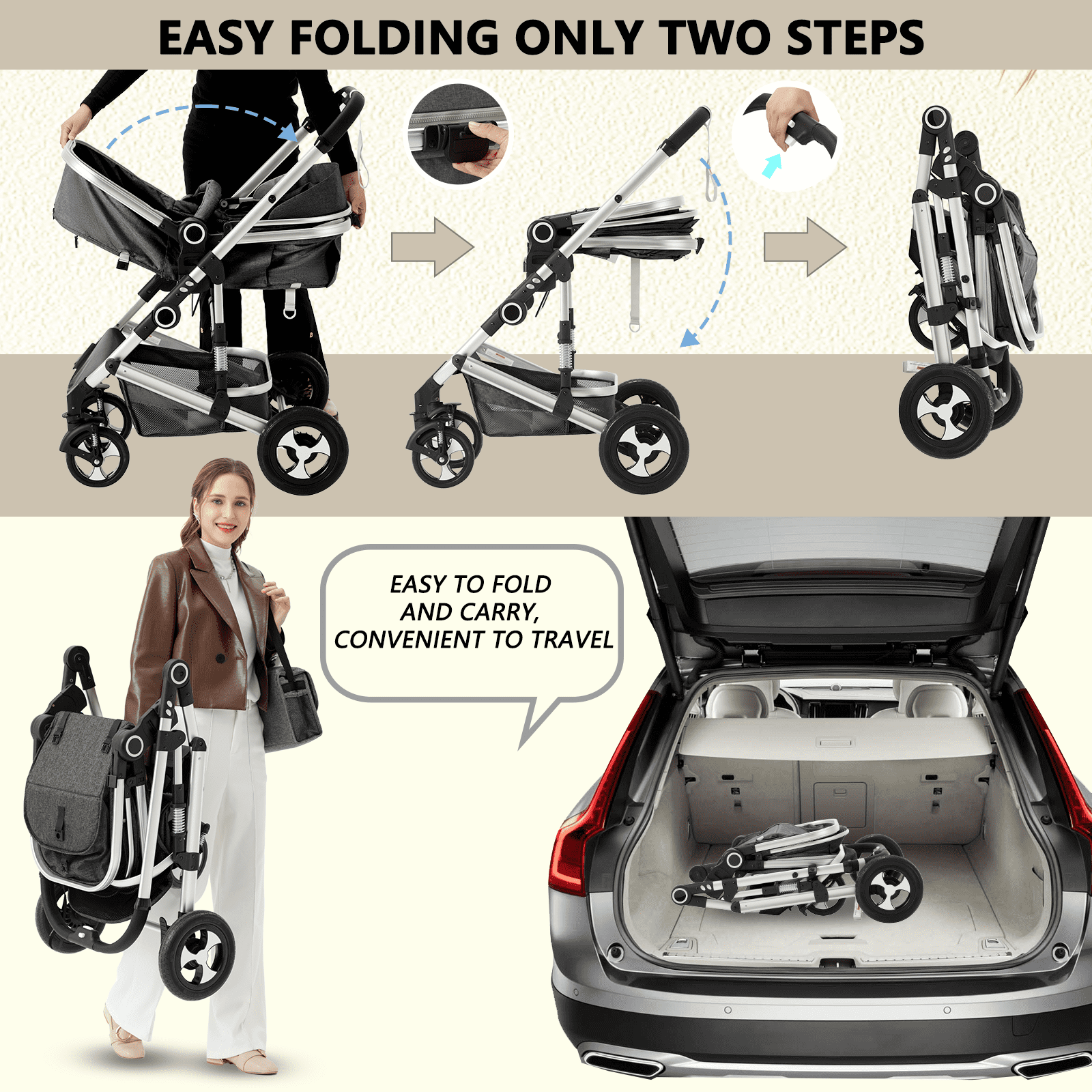 AILEEKISS 3-in-1 Convertible Baby Stroller with Big Seat and Adjustable Canopy, 24 Pound, Dark Grey