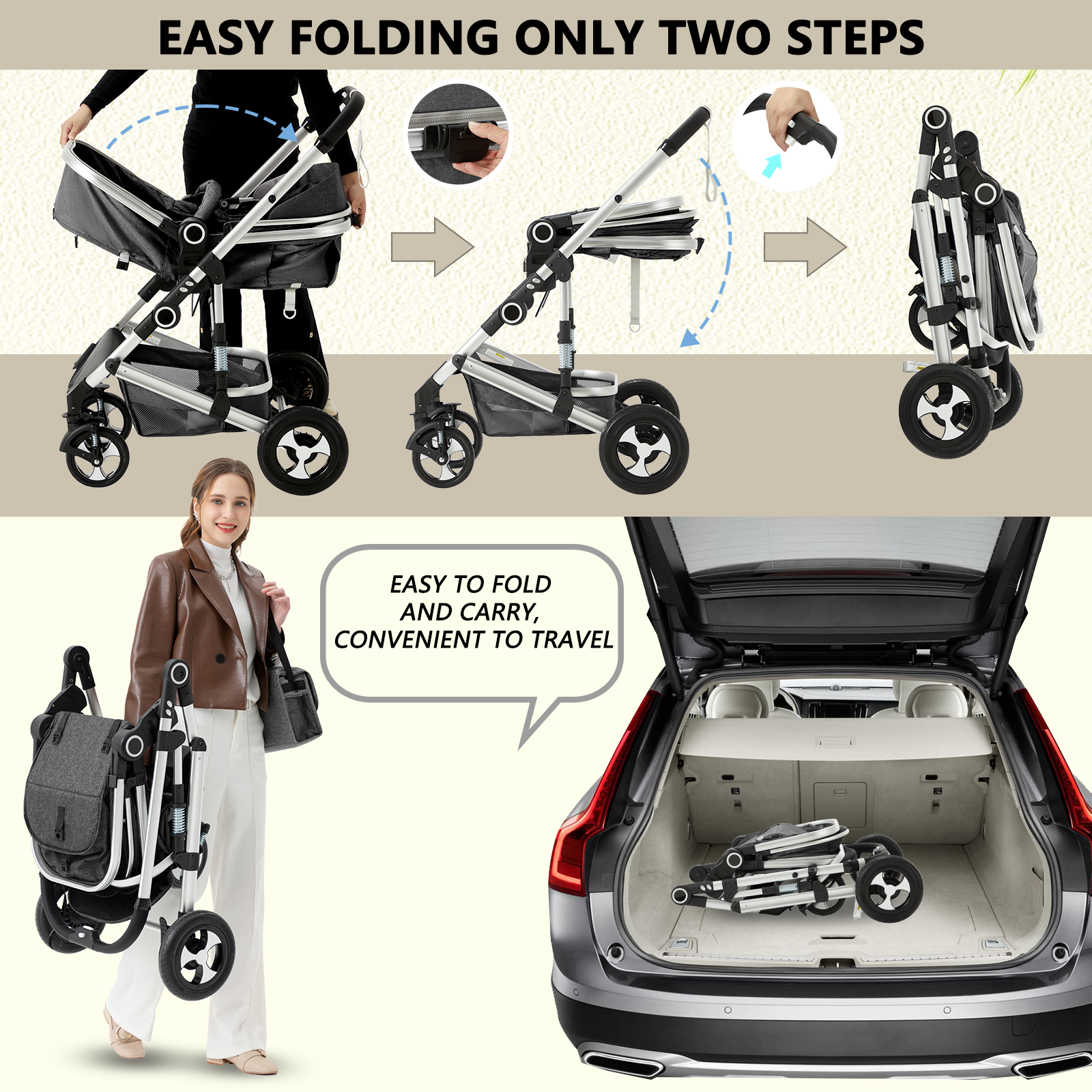 AILEEKISS 2 in 1 Convertible Baby Stroller, Unisex Folding Infant Newborn Bassinet Pram, Dark Grey - image 4 of 9