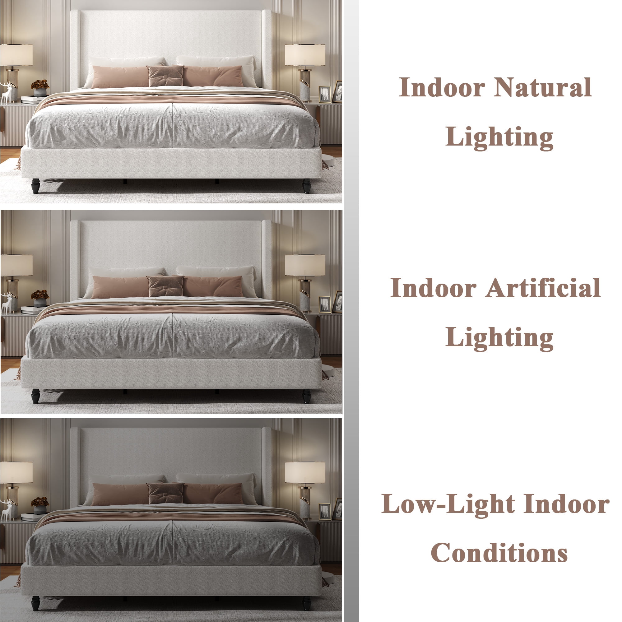 Gewnee King Size Platform Bed Frame with Upholstered Wingback Headboard, Solid Wood Legs, Wooden Slats & Sturdy Metal Support, Noise‑Free, No Box Spring Needed, Modern Bedroom Furniture, Beige