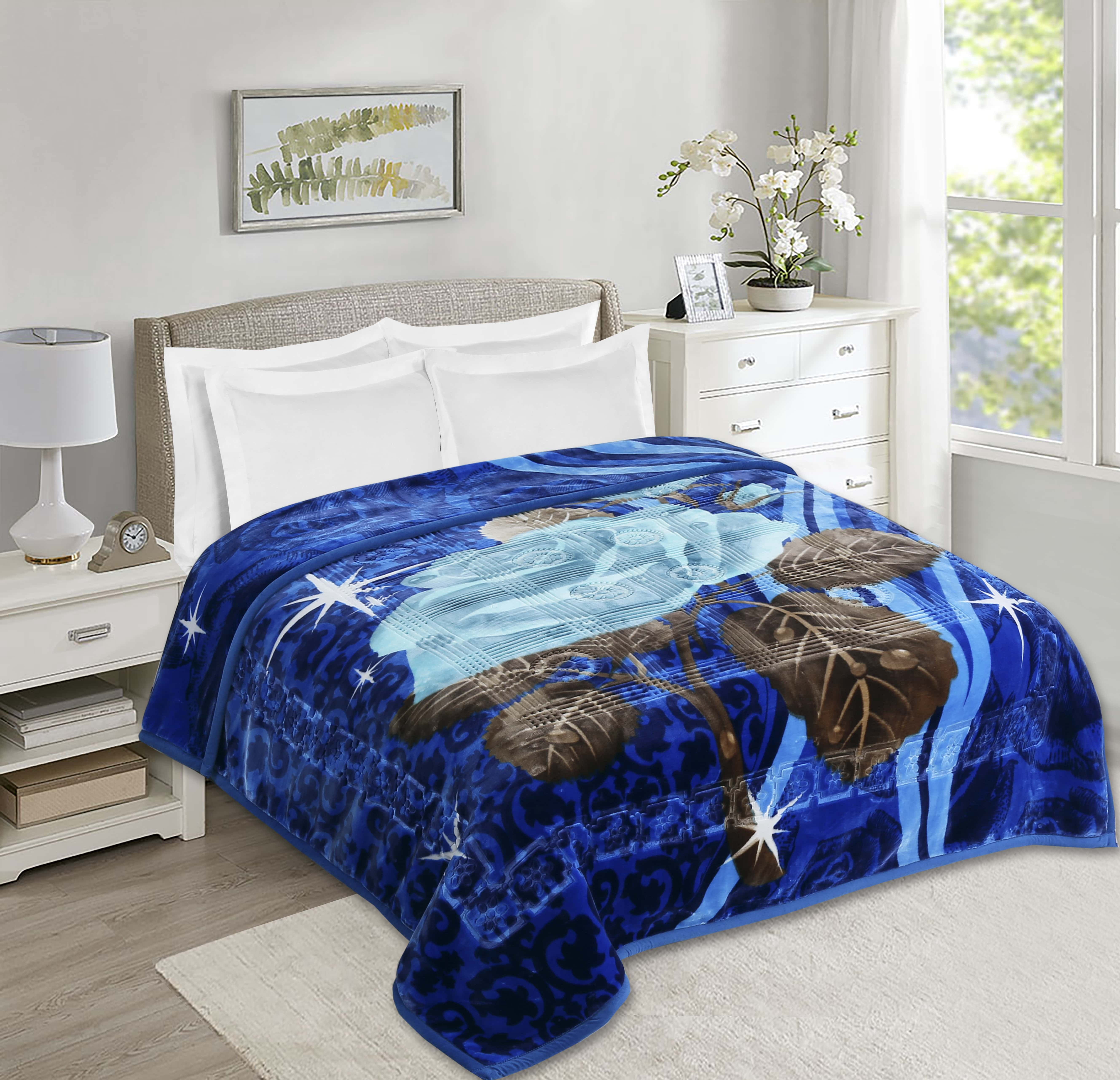 Lammaloe King Size Korean Mink Blanket for Winter, 12 lbs, 87" x 94", Heavy 2-Ply Warm Heavyweight Raschel Bed Blankets, Reversible Printed, Blue