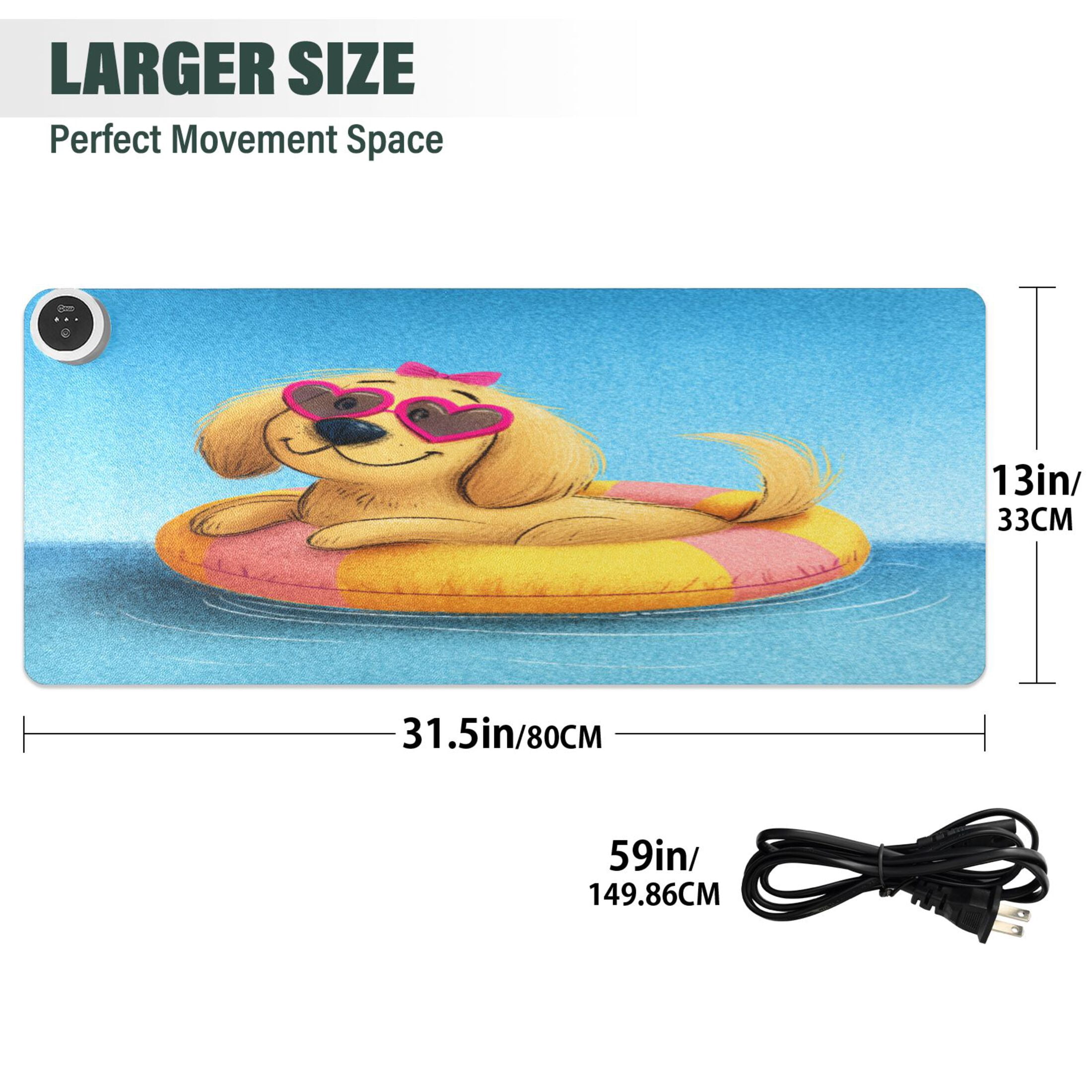 Large Heated Desk Mat Mouse Pad 31.5"x13"PU Leather Graphene Heating Desk Warmer with 3 Temperature Settings 110V US Plug Non-Slip Warm Pad for Home, Office, and Gaming Heart Glasses Dog Pattern