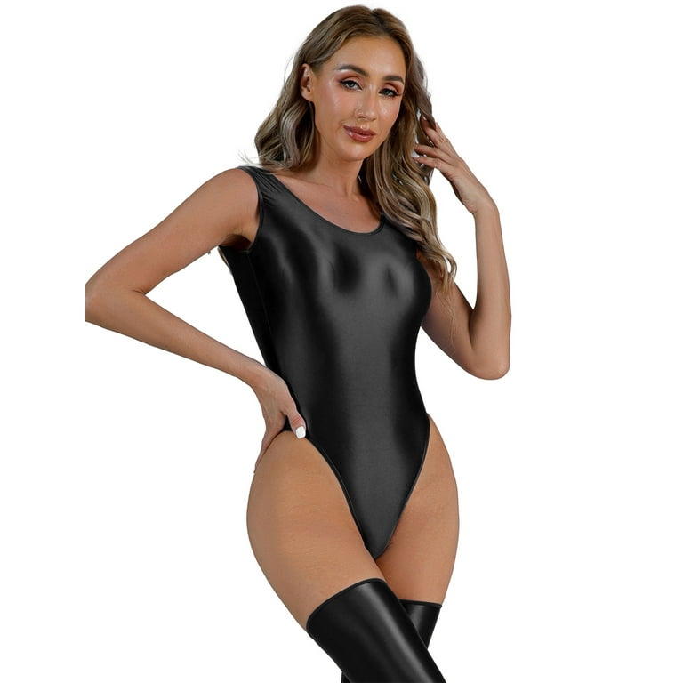 iiniim Women's Stretchy Glossy High Cut Bodysuit Tight Oil Shiny Thong  Leotard One Piece Swimsuit