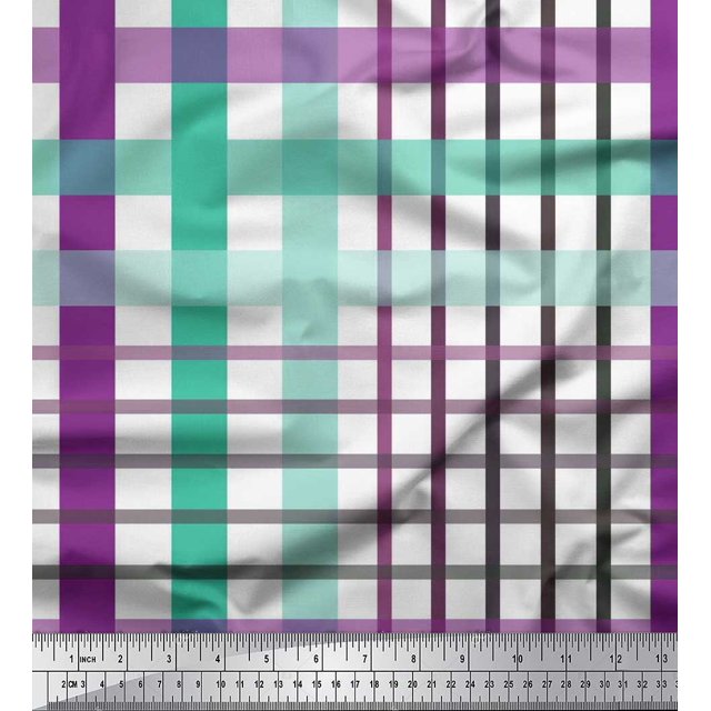 Soimoi Green Crepe Silk Fabric Window Pane Check Print Fabric by Yard 42 Inch Wide