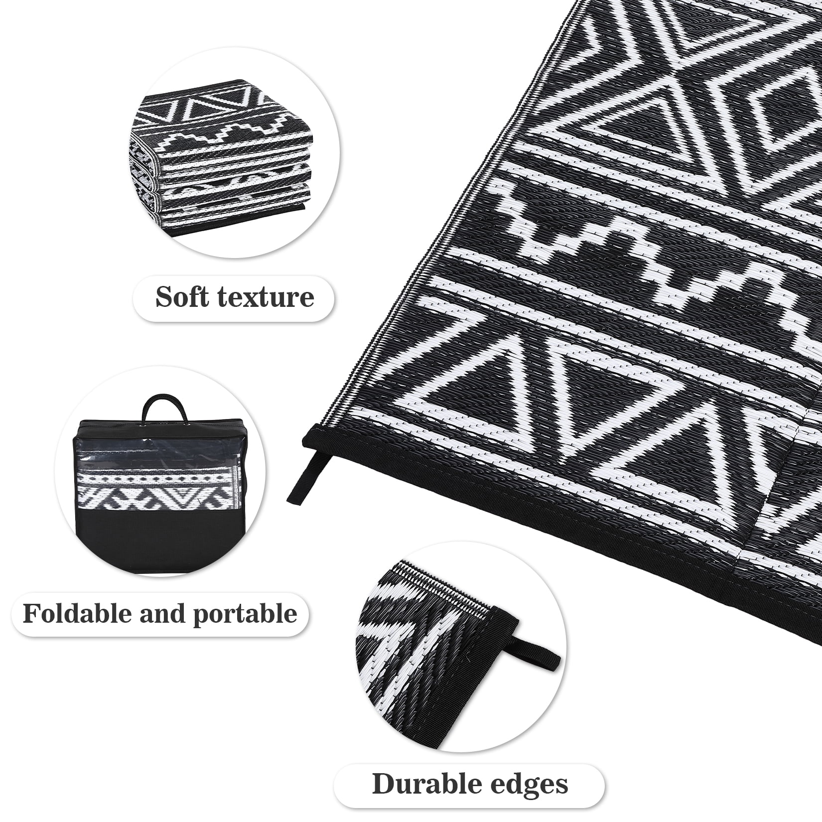 HIWEAVER 9' x 12' Black/White Outdoor Rug PP Plastic Straw Woven Waterproof Patio Rug with Border Portable Outside Carpet for Balcony Deck Picnic Garden Decor