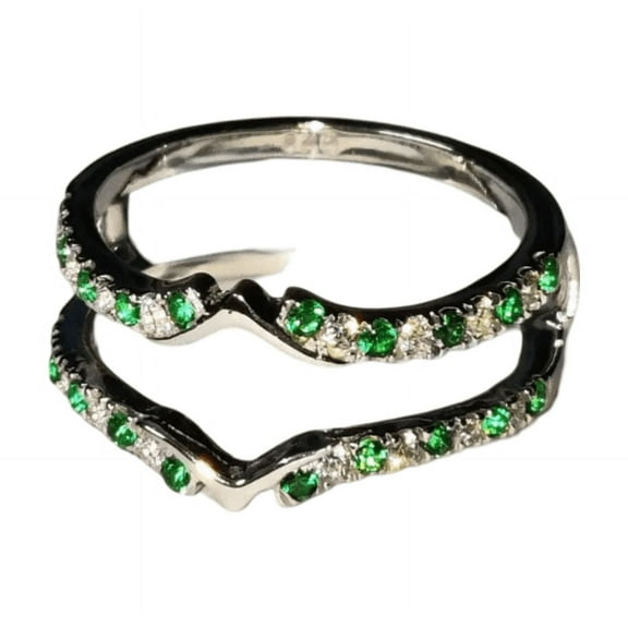 Green Emerald Diamond Ring Lab-Created Emerald Diamond Engagement Anniversary Wedding Wrap Guard Enhancer Band Ring 14K White Gold Finish