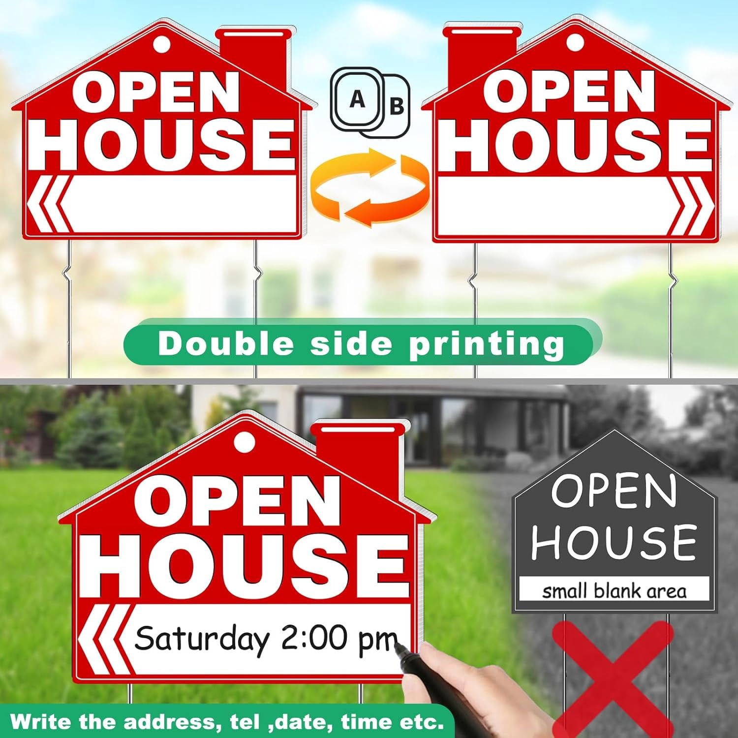 Open House Signs for Real Estate, 5 Packs 17" x 13" Large Double Sided Yard Signs with Metal Stakes Weather Proof Open House Sign with Directional Arrows for Real Estate Agent Property Sale