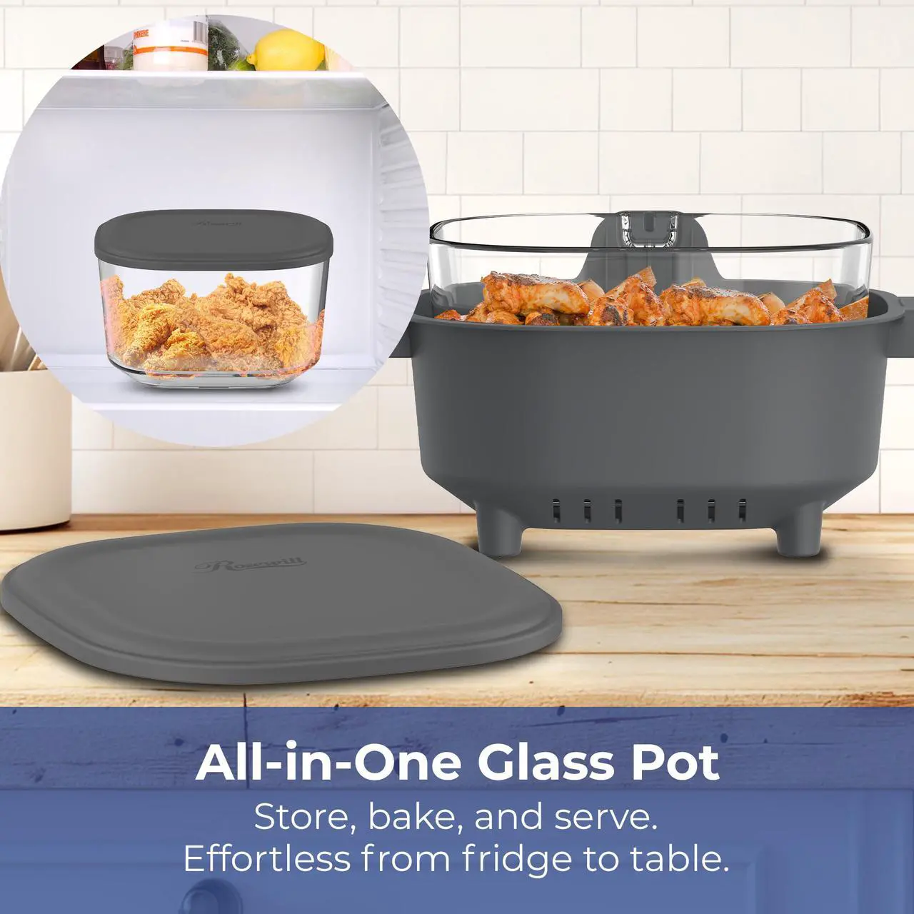 Rosewill 4-in-1 Portable Glass Air Fryer, 4.7QT Transparent Glass Cooking Pot with Storage Lid & Tongs, Compact Smart for Deep Roast, Recrisp, Keep Warm – Dark Grey