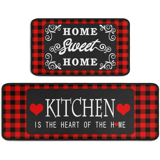 Red and Black Buffalo Plaid Kitchen Decor Rugs Set 2 Piece, Farmhouse