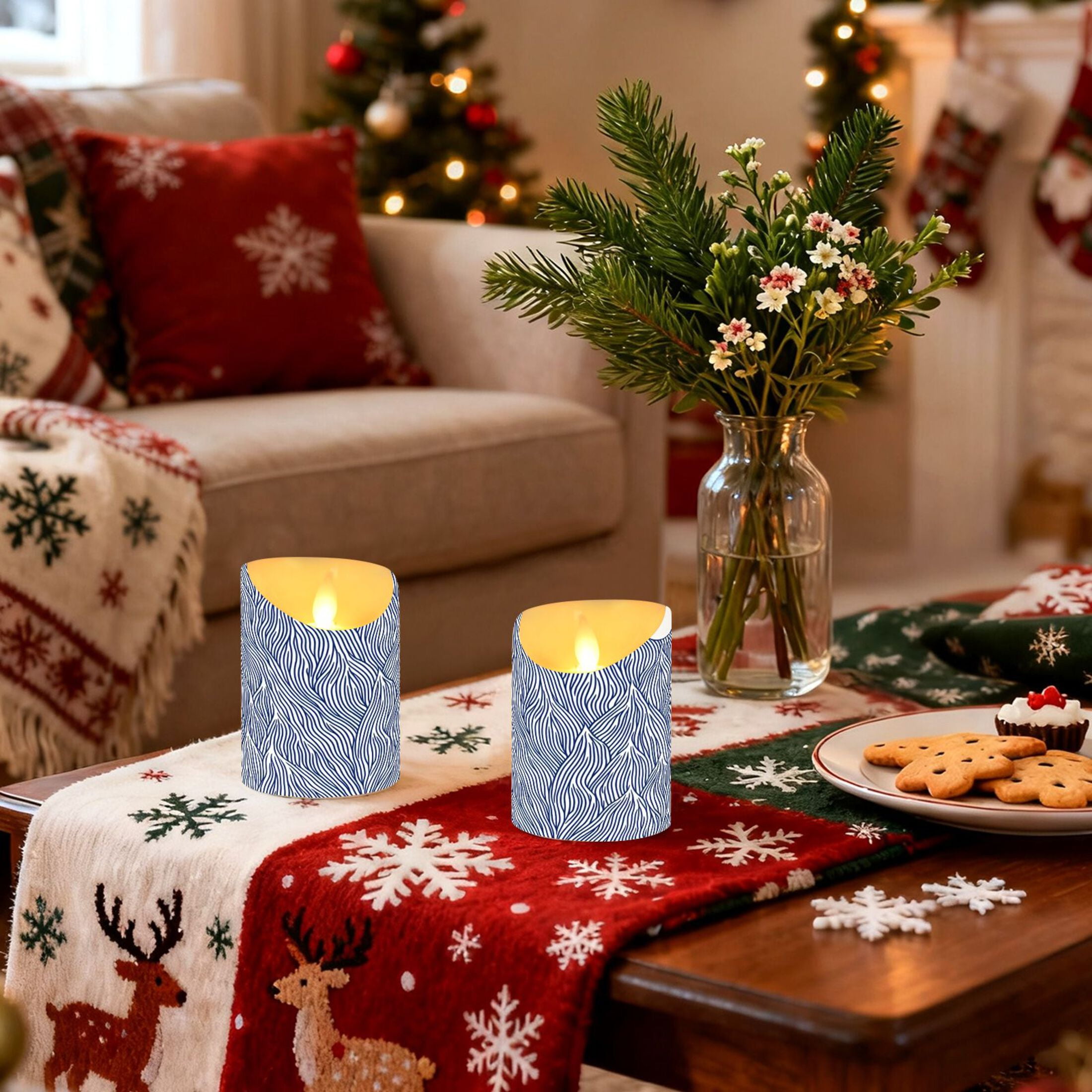 Navy Blue Wave Pattern Flameless Candles 2 PCS with Remote Realistic Moving Flame LED Tapered Pillar Set for Home Decor