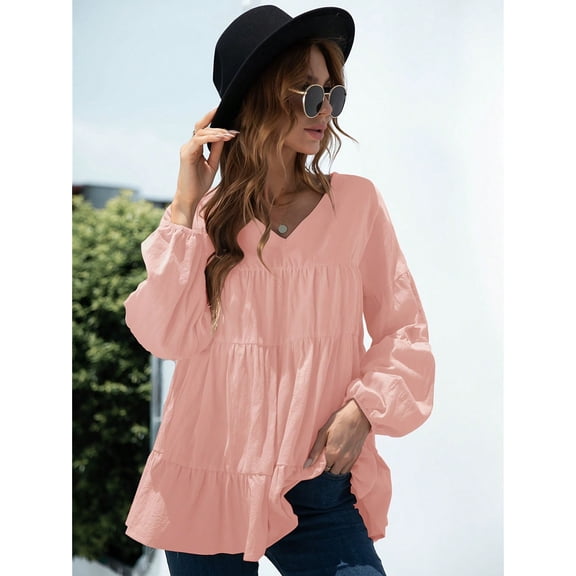 Women's V-Neck Tiered Babydoll Top with Long Puff Sleeves- Small, Pink