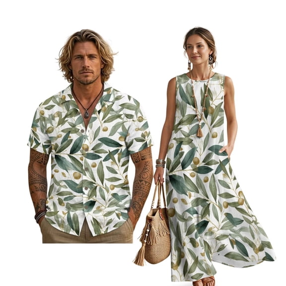 FOR U DESIGNS Green Leaf Print Linen-Style Couple Matching Outfits Men's Button Up Shirt and Women's Sleeveless Maxi Sundress with Pocket