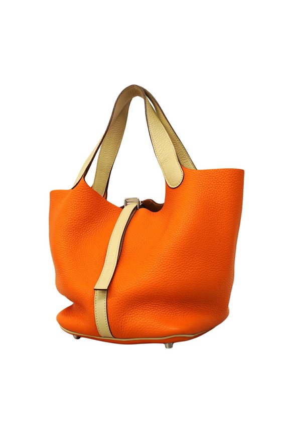 Pre-Owned Hermes Picotin MM Casaque handbag, Taurillon Clemence leather, orange, Parchment,...