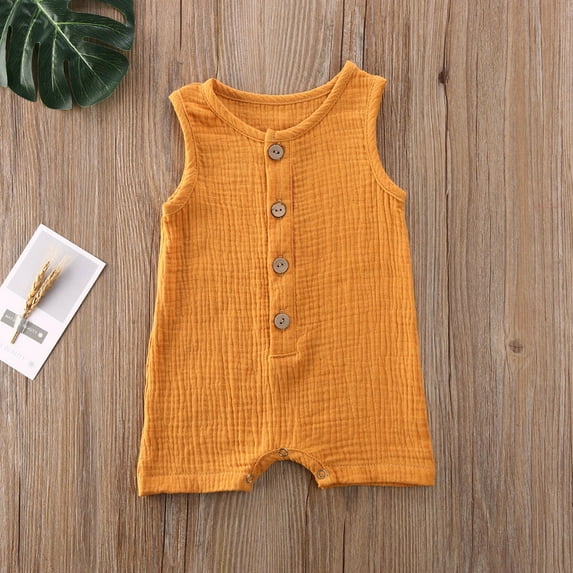 Newborn Baby Girls Boys Cotton Linen Sleeveless Buttons Solid Color Romper Jumpsuit 0-24 Months