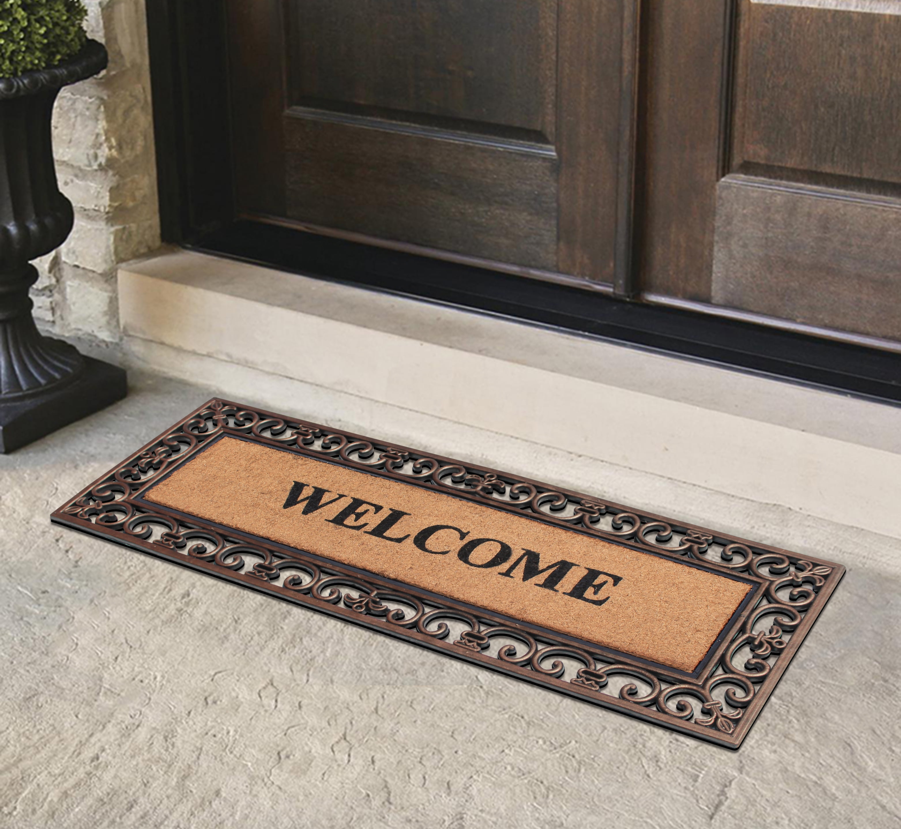 A1HC Natural Coir & Rubber 18"x48" Paisley Door Mat, Thick Durable, Heavy-Duty, Low-Profile, Long-Lasting Front Door Welcome Mat, Bronze