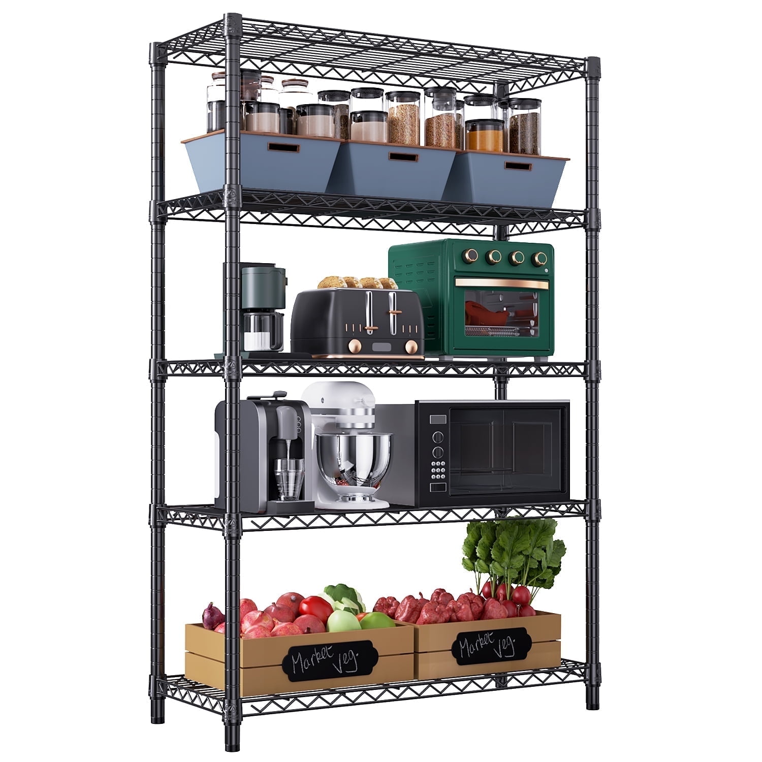 M MZG 5 Tiers Metal Shelves Dimensions: 47.2"W x 17.7"D x 72.3"H Storage Shelving, Black