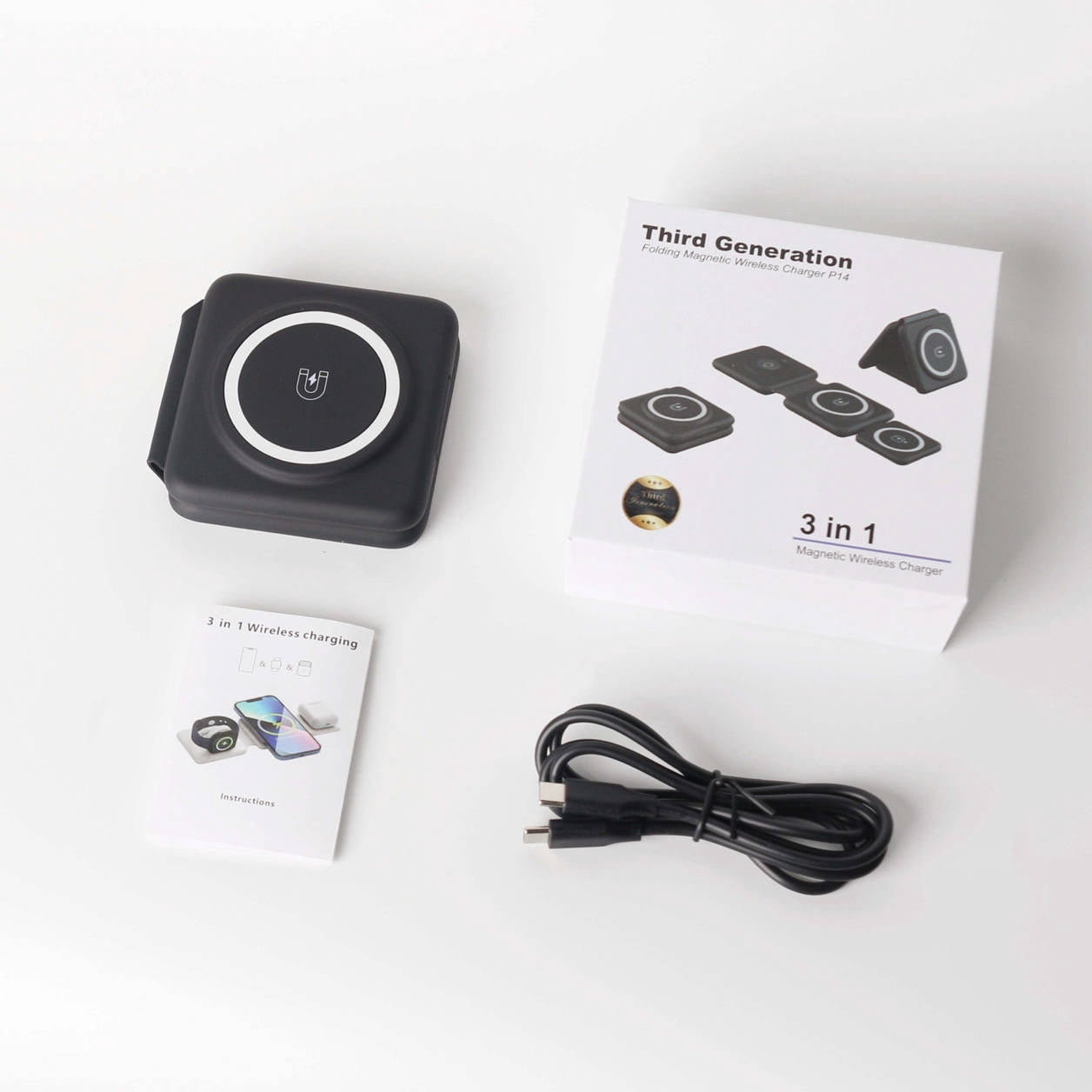 SamsMax LLC 3 in 1 Wireless Charger. For iPhone 14 13 12 11/Pro/XS/XR/8,AirPods 3/2/Pro, iWatch 7/6/5/4/3/2. Magnetic Foldable Fast Wireless Charging Pad Folding (Black)