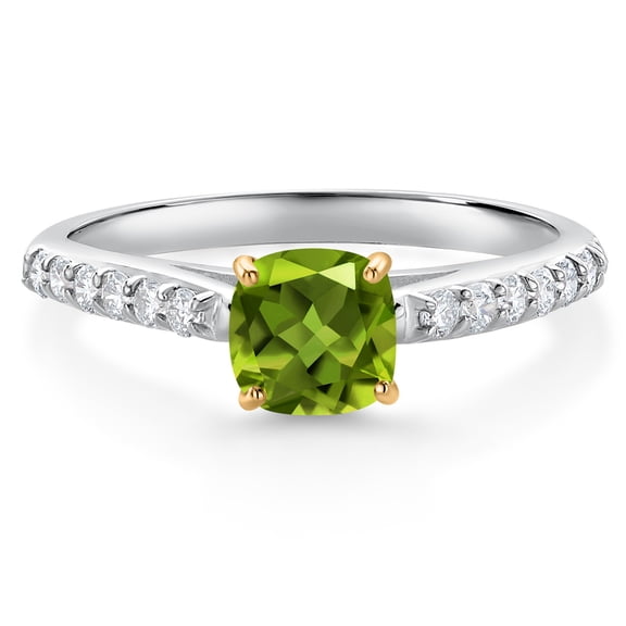 Gem Stone King 0.78 Ct Green Peridot G/H Lab Grown Diamond 10K White and Yellow Gold Engagement Ring (Size 6)