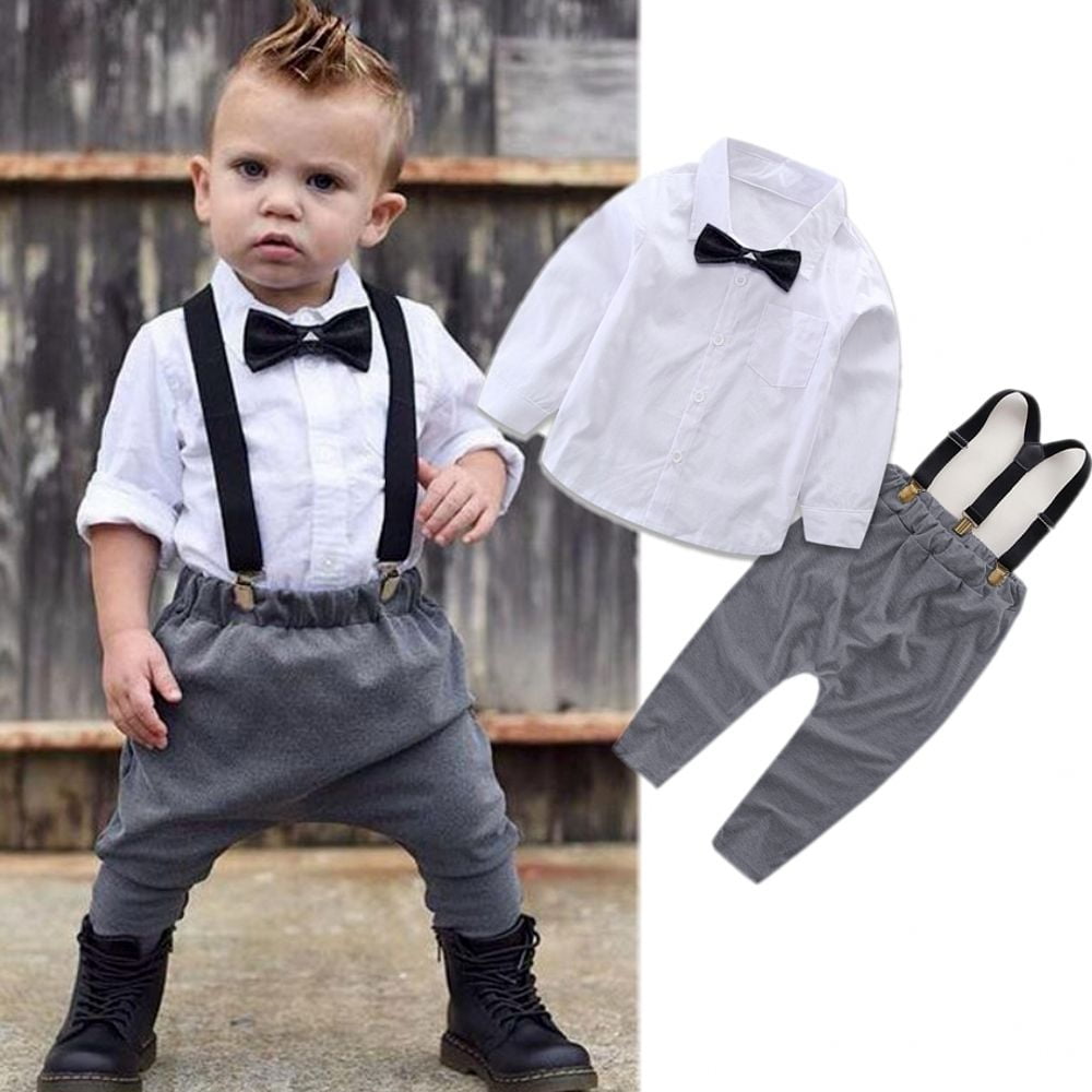 Kids Baby BoysLong Sleeve Shirt Top Elastic Waistband Pants Outfits Gentleman 