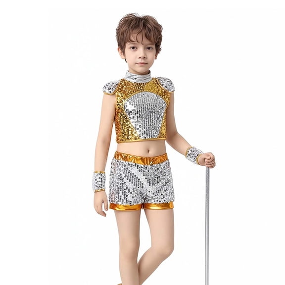 Boys Dance Sequin Dance Sleeveless Top and Pants Set 90s Outfit for Kids Performance Dancewear 13-14 Years
