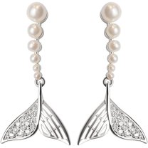 Pearl Mermaid Tail Dangle Stud Earrings for Women Girls 925 Sterling Silver Cubic Zirconia Shell Pearls Drop Ocean Fishtail Charms Dangling Dainty Cute Christmas Birthday Valentines Jewelry Gifts