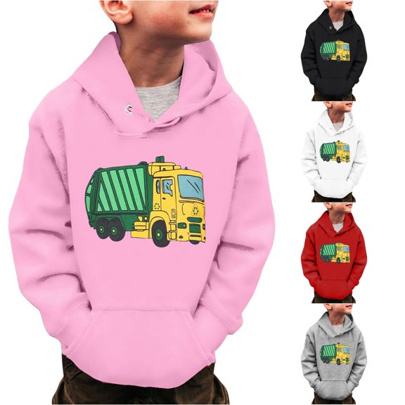 Byoo Big Boy's Playful Hooded Sweatshirt Long Sleeve Garbage Truck Graphic Pullover Daily Casual Hoodie,Pink
