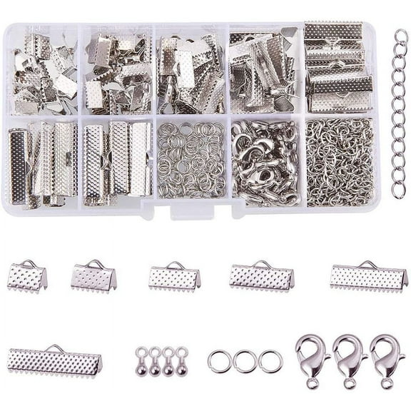 410 Pcs Jewelry Finding Kits with Ribbon Clamp End Jump Ring Lobster Claw Clasps Extender Chain Drop Ends for Jewelry Making Platinum Silver