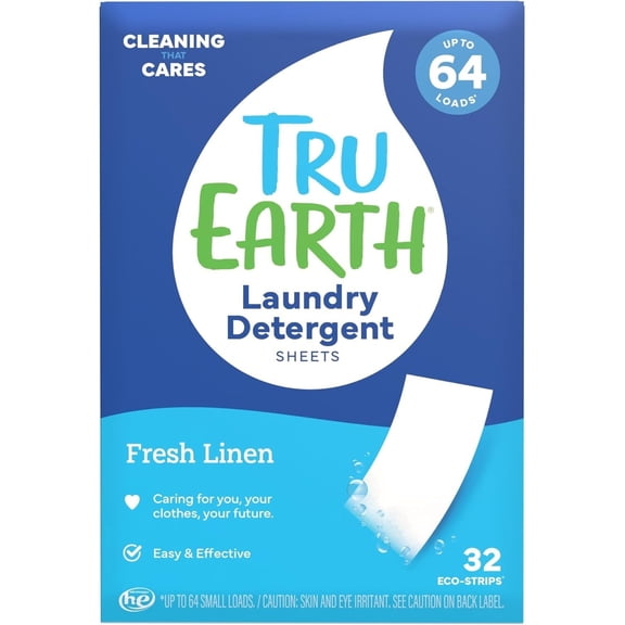 Tru Earth Compact Dry Laundry Detergent Sheets - Up to 64 Loads (32 Sheets) - Paraben-Free - Original Eco-Strip Liquidless Detergent - Fresh Linen | Packaging May Vary
