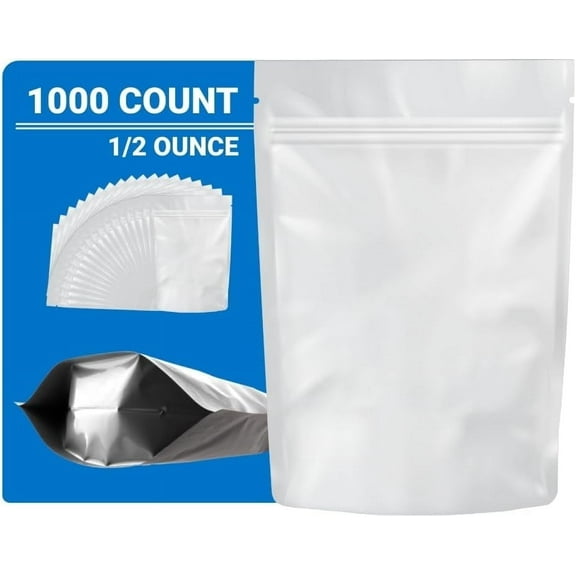 Loud Lock Mylar Bags 1000 Count 8" x 5" All White - Resealable Food Storage Mylar Bags