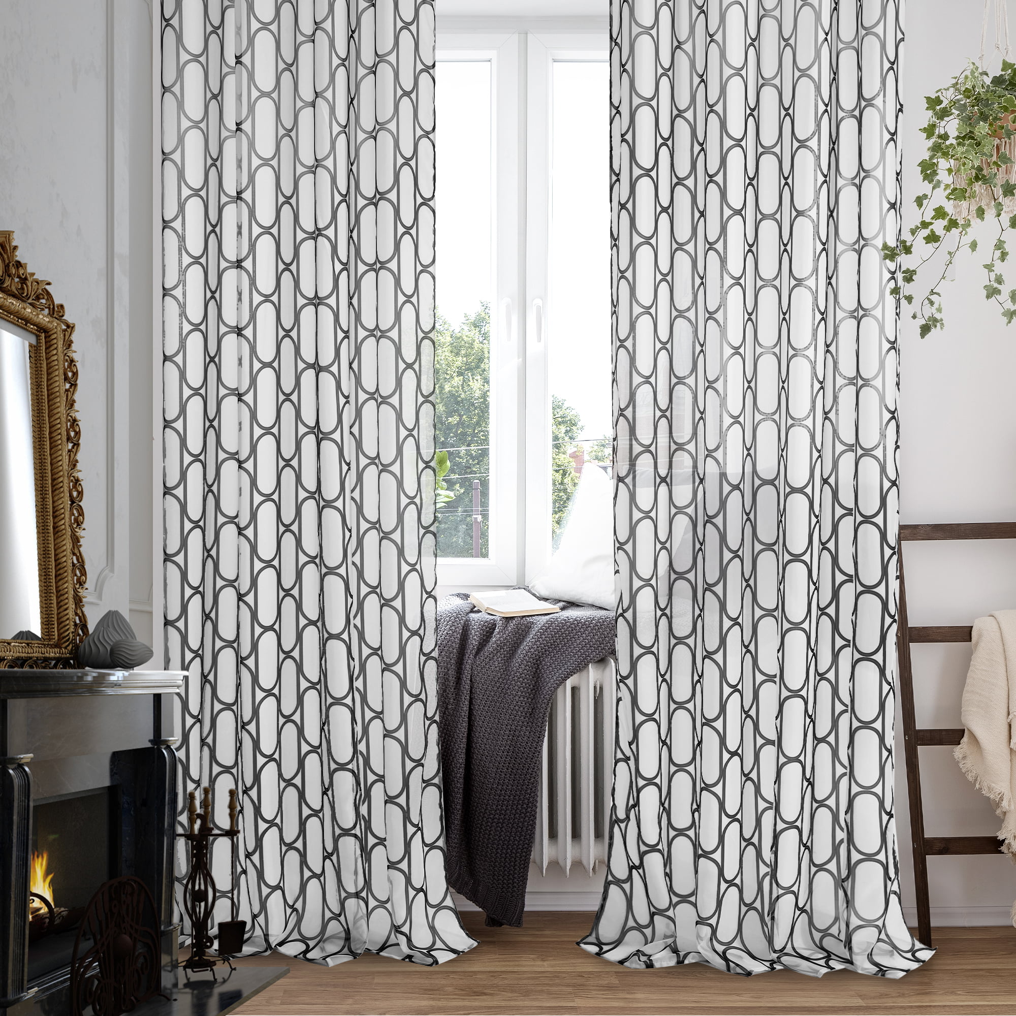 Deconovo Classic White Sheer Curtains Grommet Voile Drapes with Black  Geometric Pattern for Living Room Bedroom 52x63 inch 2 Panels 