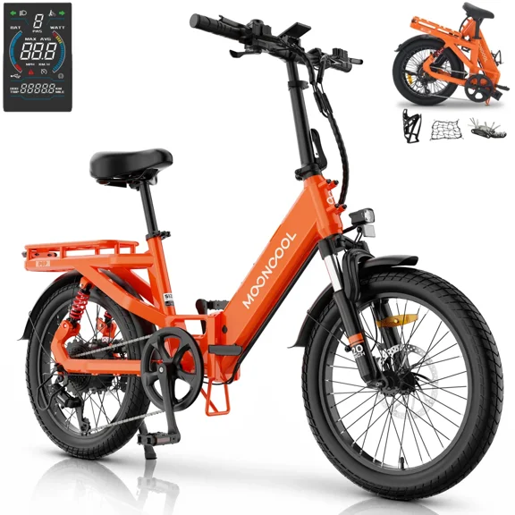 MOONCOOL Folding Electric Bike for Adults, 750W (Peak 1200W 85Nm) Motor, 48V 14Ah Battery, 20" Fat Tire Ebike w/ MIK Rack, Full Suspension, 7-Speed, Torque & Cadence Dual Sensor,20 MPH,Class 2